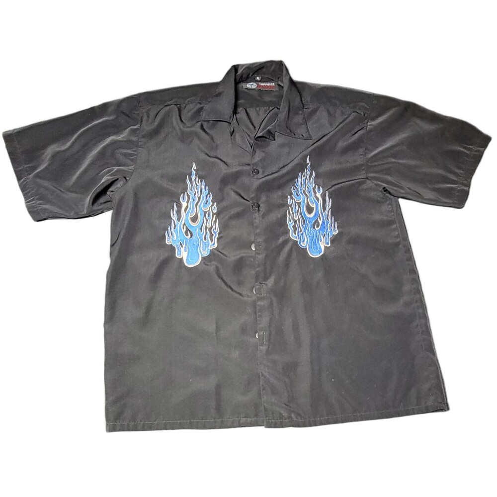 Sapphire Lounge Shirt Button Up Black w/ Embroidered Blue Flames Mens Size XL
